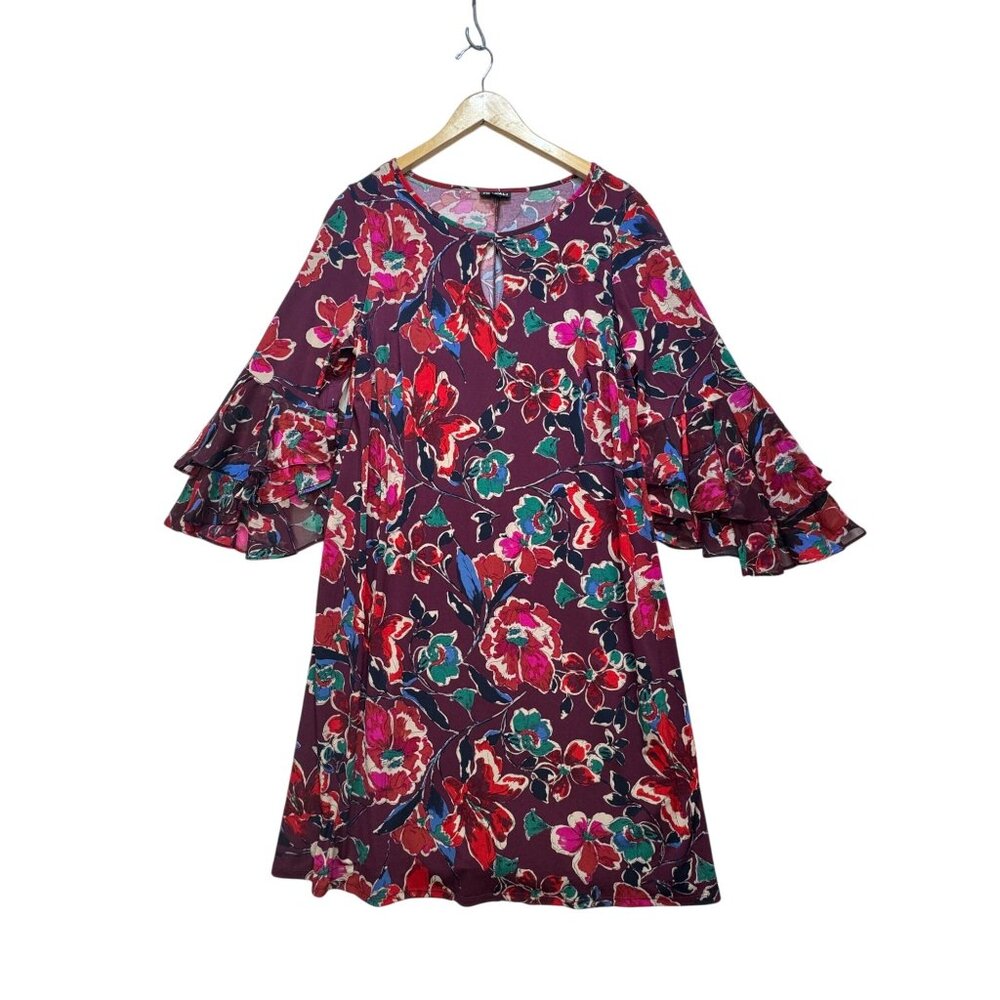 Roz & Ali Womens Floral Mini Shift Dress Size 1X Maroon Boho Casual Bell Sleeves